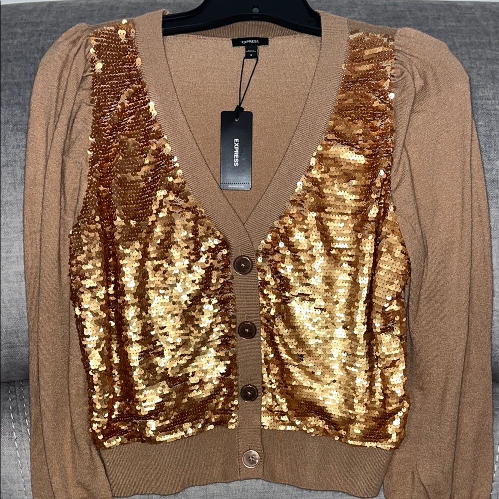Express Gold Sequin Brown Tan Cardigan